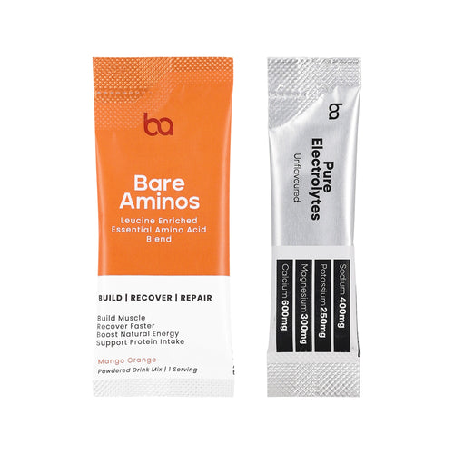 Hydrating Aminos Sachets — one Bare Aminos Mango Orange sachet and one Pure Electrolytes sachet